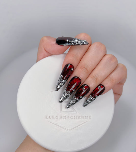 Trend Luxe - Deep Red & Silver - Customizable Handcrafted Press On Nails