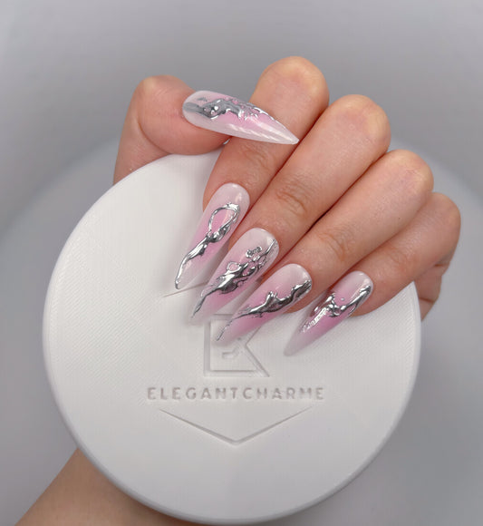 Daily Chic - Pink Ombre with Silver Accents - Customizable Handcrafted Press On Nails