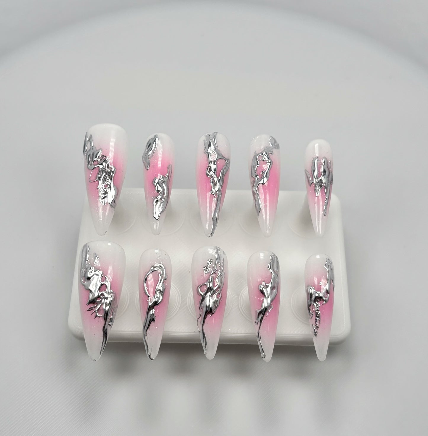 Daily Chic - Pink Ombre with Silver Accents - Customizable Handcrafted Press On Nails