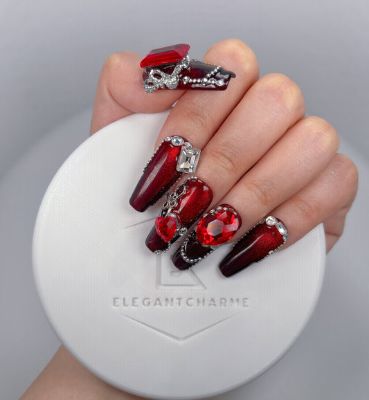 Trend Luxe - Deep Red Maximalism - Customizable Handcrafted Press On Nails