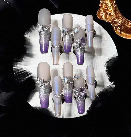 Charme Atelier - Lavender and Silver Glitter Ombre - Customizable Handcrafted Press On Nails