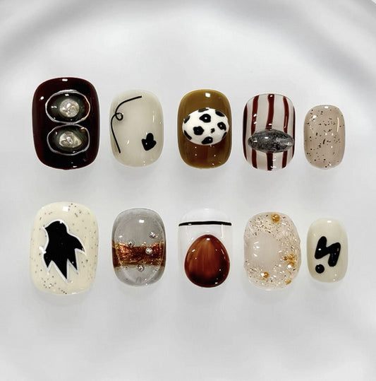 Everyday Cute - Earthy Tones Bird Pattern- Customizable Handcrafted Press On Nails