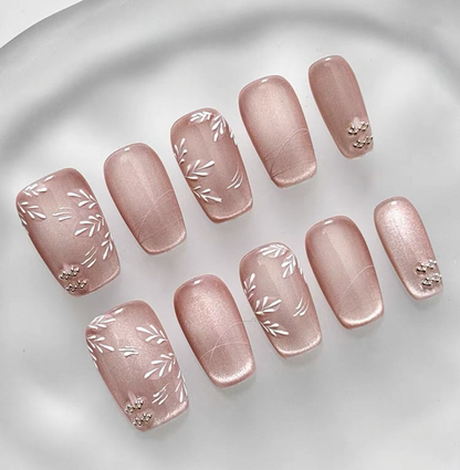 Everyday Cute - Blush Pink with Floral Accents - Customizable Handcrafted Press On Nails