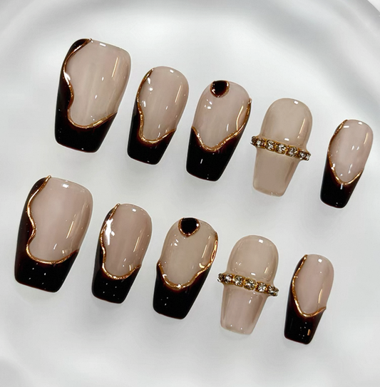 Everyday Cute - Black and Beige Elegance - Customizable Handcrafted Press On Nails