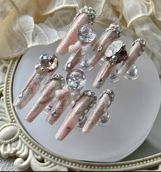 Charme Atelier - Blush Pink with Glitter and Rhinestones - Customizable Handcrafted Press On Nails