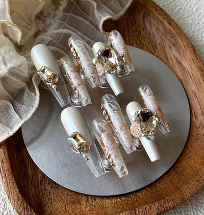 Charme Atelier - Creamy Marble with Gold Accents - Customizable Handcrafted Press On Nails