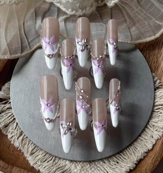 Charme Atelier - Nude and White with Floral Accents - Customizable Handcrafted Press On Nails