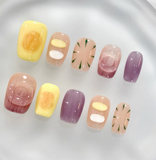 Everyday Cute - Pastel Yellow and Purple - Customizable Handcrafted Press On Nails