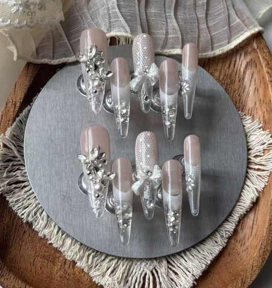 Charme Atelier - Elegant Nude with Floral Accents - Customizable Handcrafted Press On Nails