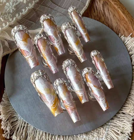 Charme Atelier - Iridescent Gold and Pink - Customizable Handcrafted Press On Nails