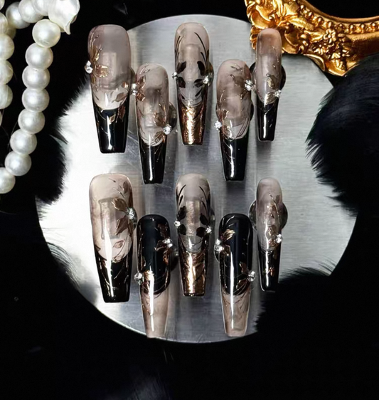 Charme Atelier - Black and Nude Floral Elegance - Customizable Handcrafted Press On Nails