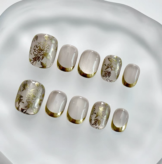 Everyday Cute - Gold Floral on Sheer Beige - Customizable Handcrafted Press On Nails