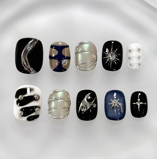 Everyday Cute - Black and Silver Glam - Customizable Handcrafted Press On Nails