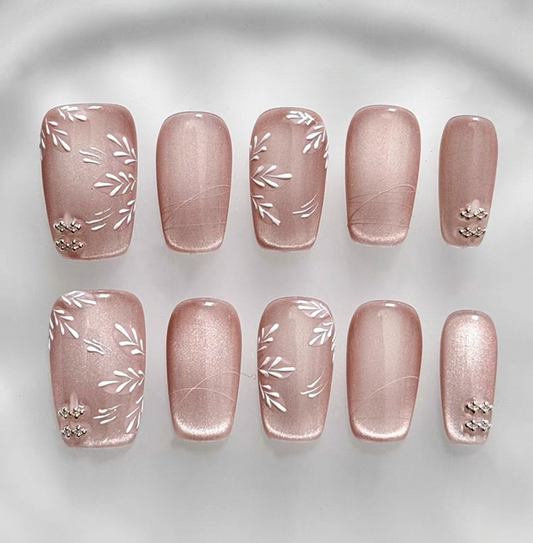 Everyday Cute - Blush Pink with Floral Accents - Customizable Handcrafted Press On Nails