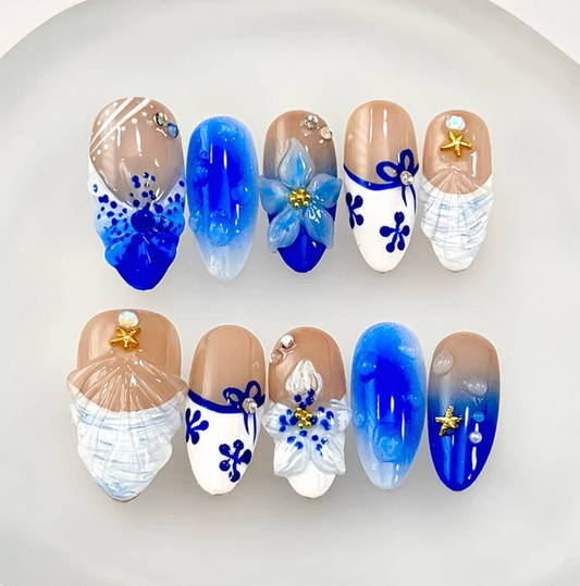 Everyday Cute - Ocean Blue Floral - Customizable Handcrafted Press On Nails