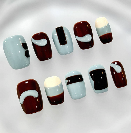 Everyday Cute - Deep Red and Sky Blue - Customizable Handcrafted Press On Nails