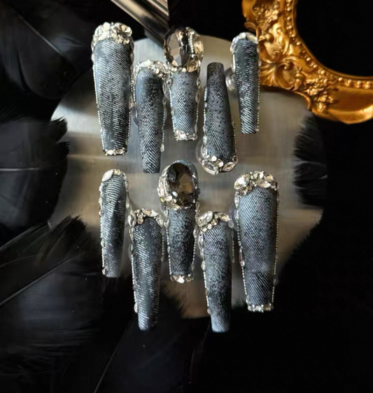 Charme Atelier - Dark Blue Demin Style with Gems - Customizable Handcrafted Press On Nails
