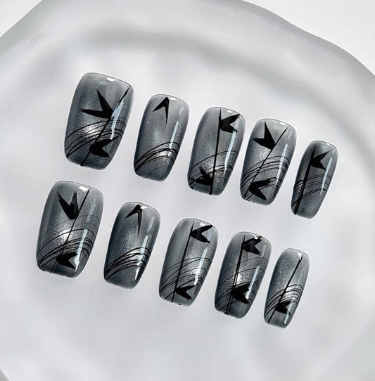 Everyday Cute - Metallic Grey with Black Designs - Customizable Handcrafted Press On Nails