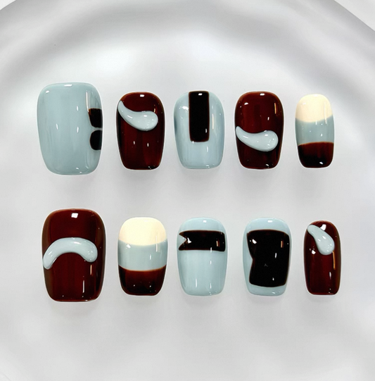 Everyday Cute - Deep Red and Sky Blue - Customizable Handcrafted Press On Nails