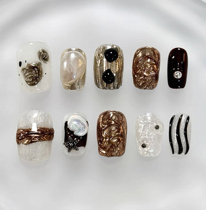 Everyday Cute - White and Brown Abstract Art - Customizable Handcrafted Press On Nails