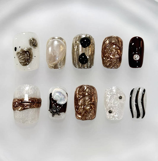Everyday Cute - White and Brown Abstract Art - Customizable Handcrafted Press On Nails