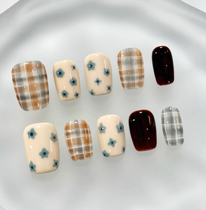 Everyday Cute - Beige and Blue Floral Patterns - Customizable Handcrafted Press On Nails