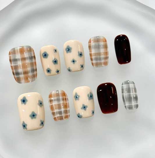 Everyday Cute - Beige and Blue Floral Patterns - Customizable Handcrafted Press On Nails