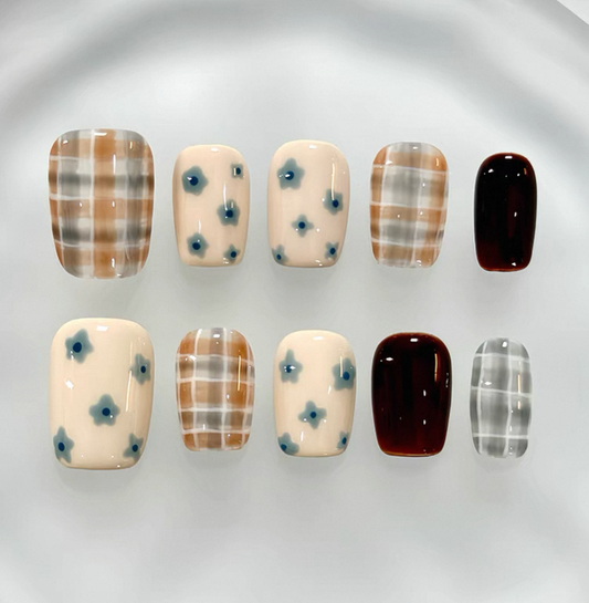 Everyday Cute - Beige and Blue Floral Patterns - Customizable Handcrafted Press On Nails