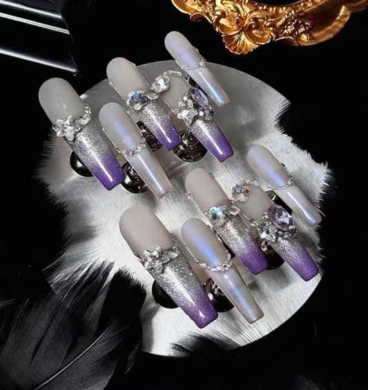 Charme Atelier - Lavender and Silver Glitter Ombre - Customizable Handcrafted Press On Nails