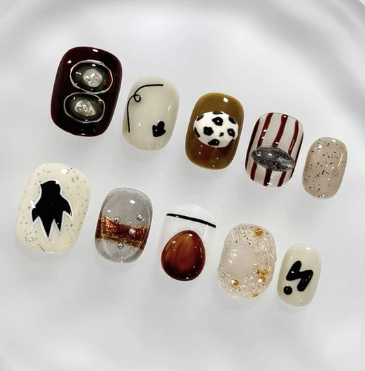 Everyday Cute - Earthy Tones Bird Pattern- Customizable Handcrafted Press On Nails