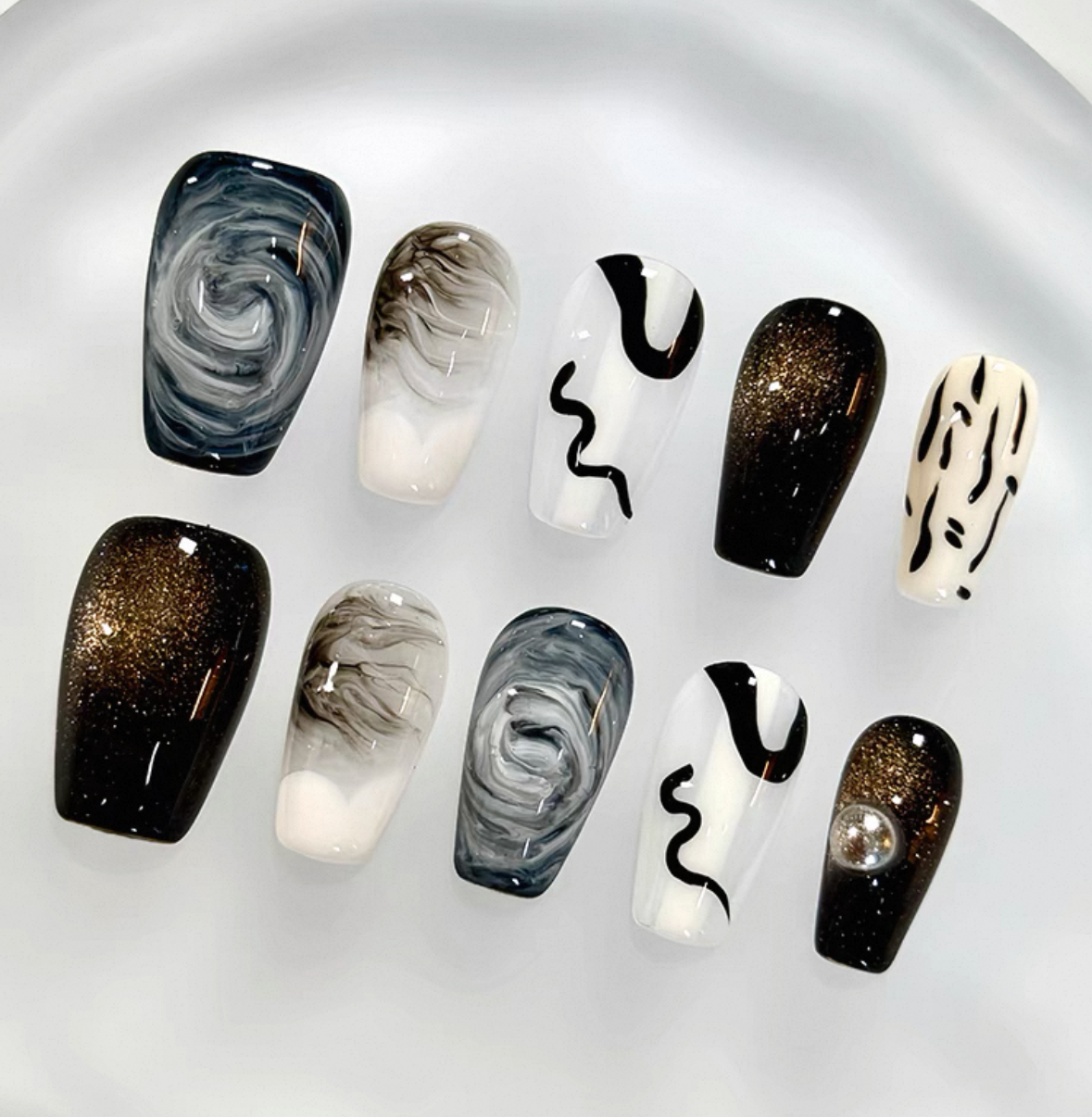 Everyday Cute - Black and Gray Abstract Swirls - Customizable Handcrafted Press On Nails