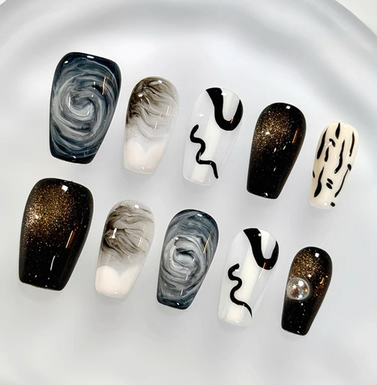 Everyday Cute - Black and Gray Abstract Swirls - Customizable Handcrafted Press On Nails