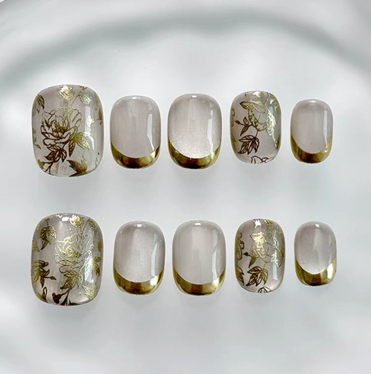 Everyday Cute - Gold Floral on Sheer Beige - Customizable Handcrafted Press On Nails