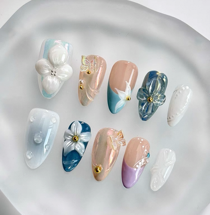 Everyday Cute - Floral Blue & Pink - Customizable Handcrafted Press On Nails