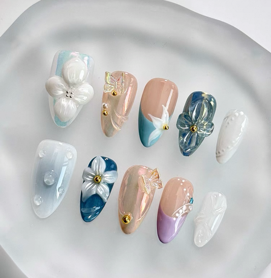 Everyday Cute - Floral Blue & Pink - Customizable Handcrafted Press On Nails