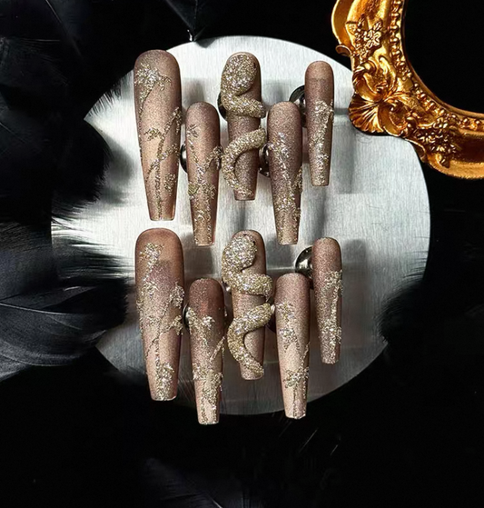Charme Atelier - Gold Shimmer on Soft Brown - Customizable Handcrafted Press On Nails