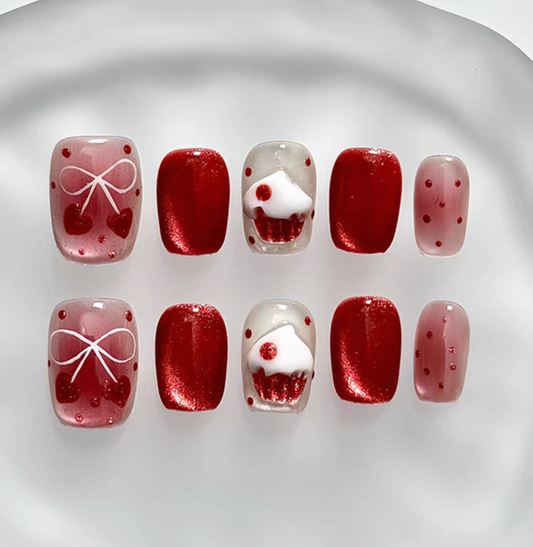 Everyday Cute - Cherry Red Delight - Customizable Handcrafted Press On Nails