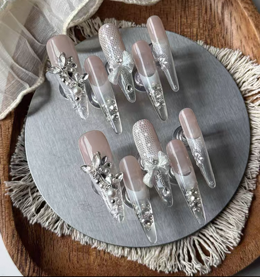 Charme Atelier - Elegant Nude with Floral Accents - Customizable Handcrafted Press On Nails