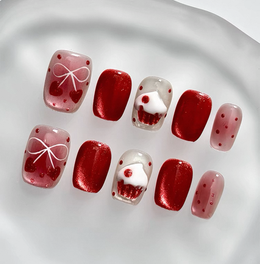 Everyday Cute - Cherry Red Delight - Customizable Handcrafted Press On Nails