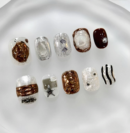 Everyday Cute - Metallic Bronze and Silver - Customizable Handcrafted Press On Nails