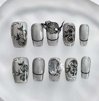 Everyday Cute - Silver Floral Elegance - Customizable Handcrafted Press On Nails