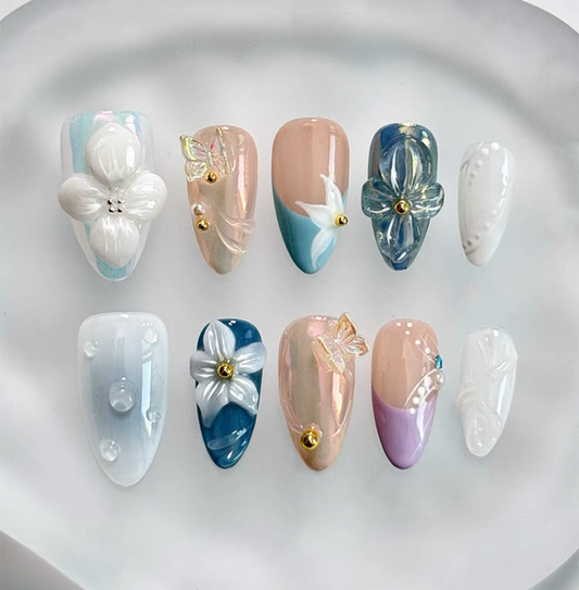 Everyday Cute - Floral Blue & Pink - Customizable Handcrafted Press On Nails