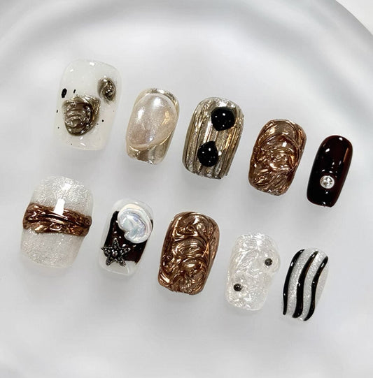 Everyday Cute - White and Brown Abstract Art - Customizable Handcrafted Press On Nails