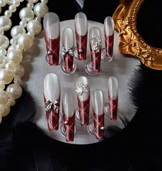 Charme Atelier - Burgundy Plaid - Customizable Handcrafted Press On Nails