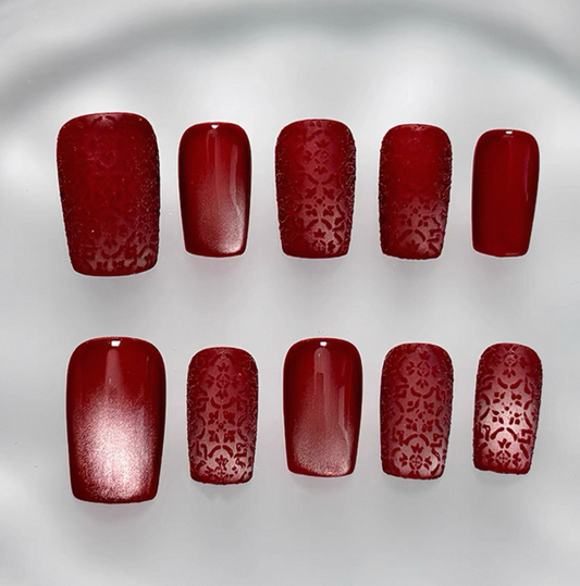 Everyday Cute - Deep Red Floral - Customizable Handcrafted Press On Nails