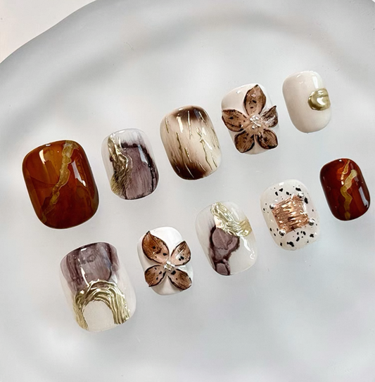 Everyday Cute - Warm Brown & Gold - Customizable Handcrafted Press On Nails