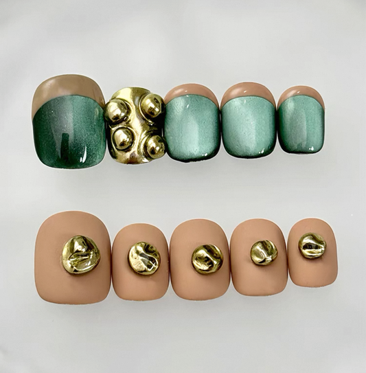Everyday Cute - Emerald Green and Nude - Customizable Handcrafted Press On Nails