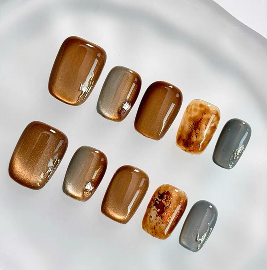 Everyday Cute - Warm Brown Marble - Customizable Handcrafted Press On Nails
