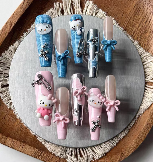 Charme Atelier - Blue and Pink Hello Kitty Theme - Customizable Handcrafted Press On Nails
