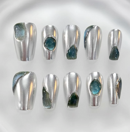 Everyday Cute - Silver and Teal - Customizable Handcrafted Press On Nails